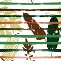 Sailor Stripes Vector Seamless Pattern, Brown Green Khaki Exotic Floral Print. Brushed Jungle