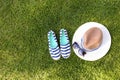 Sailor style fashion accessories on grass with copy space