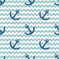 Sailor tile vector pattern with anchor on a white and blue stripes background Royalty Free Stock Photo