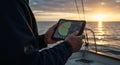Sailor using tablet for navigation on a sailboat during a beautiful sunset Royalty Free Stock Photo