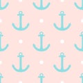 Sailor vector pattern with white polka dots and mint green anchor on pastel background