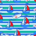 Sailors hat and the sailboat on a striped background. Royalty Free Stock Photo