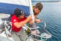 Sailors participate in sailing regatta 12th Ellada Autumn 2014 among Greek island group in the Aegean Sea