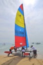 Sailors are preparing sailing boats ready for a race in the Nha Trang bay Royalty Free Stock Photo