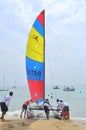 Sailors are preparing sailing boats ready for a race in the Nha Trang bay Royalty Free Stock Photo