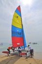 Sailors are preparing sailing boats ready for a race in the Nha Trang bay Royalty Free Stock Photo