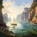 Sailors' Sanctuary: Boats anchored in a secluded cove, sheltered by majestic cliffs