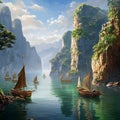 Sailors' Sanctuary: Boats anchored in a secluded cove, sheltered by majestic cliffs