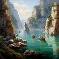 Sailors' Sanctuary: Boats anchored in a secluded cove, sheltered by majestic cliffs