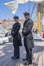 The sailors of tallship ARM CuauhtÃÂ©moc with their beautiful uniforms in the harbour of Scheveningen during the Sail