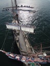 Sailors working aloft in a huge tallship, crazy perspective Royalty Free Stock Photo