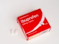 Ibuprofen box of 200mg caplets, popular pain killer. Copy text space.