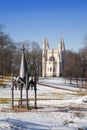 Saint Alexander Nevsky Orthodox church Gothic chapel in Alexandria park. Suburb of Saint Petersburg, Russia Royalty Free Stock Photo