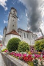 Saint Andreas Church with flower borders close