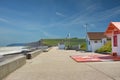 Seafront boardwalk next to ocean in the city of Saint-Aubin-sur-Mer in District of Caen Calvados in Basse Normandie France