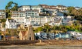 Saint Aubin town seashore view with Sacred heart of Jesus church,, bailiwick of Jersey, Channel Islands Royalty Free Stock Photo