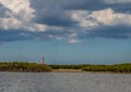 Saint Augustine lighthouse under some broken clouds with blue grey sky in the background