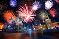Saint Basil cathedral and Kremlin with fireworks