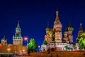 Saint Basil Cathedral on Red Square at night with Kremlin wall and Tower i Moscow, Russia Royalty Free Stock Photo