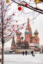 Saint Basil`s Cathedral in center city on Red Square in snowy winter, Moscow, Russia Royalty Free Stock Photo