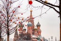 Saint Basil`s Cathedral in center city on Red Square in snowy winter, Moscow, Russia Royalty Free Stock Photo