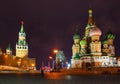 Saint Basil`s Cathedral at the Red Square in Moscow by winter night illuminated by streetlight with Kremlin wall and Royalty Free Stock Photo