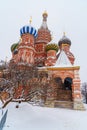 Saint Basil`s Cathedral on Red Square in snowfall. Moscow. Russia Royalty Free Stock Photo