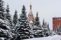 Saint Basil`s Cathedral on Red Square in snowfall. Moscow. Russia Royalty Free Stock Photo