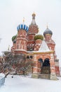 Saint Basil`s Cathedral on Red Square in snowfall. Moscow. Russia Royalty Free Stock Photo