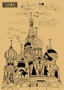 Saint Basils Cathedral of Kremlin Moscow, Russia isolated vector hand drawing illustration in black color on beige background