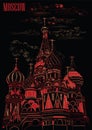 Saint Basils Cathedral of Kremlin Moscow, Russia vector hand drawing illustration in red and beige color on black