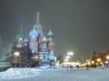 Saint Basils cathedral in Moscow. Color night photo taken at snowstorm Royalty Free Stock Photo