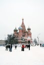Saint Basils cathedral and Red Square in Moscow under the snow. Royalty Free Stock Photo