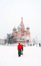 Saint Basils church and Red Square in Moscow at snowstorm. Royalty Free Stock Photo