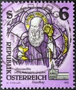 Saint Benedict of Nursia in vintage stamp