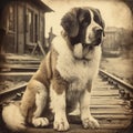 Saint Bernard dog, old vintage retro postcard style, close-up portrait, cute pet