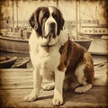 Saint Bernard Dog, Old Vintage Retro Postcard Style, Close-up Portrait, Cute Pet