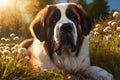 Saint bernard in a flowery meadow Royalty Free Stock Photo