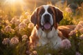 Saint bernard in a flowery meadow Royalty Free Stock Photo