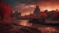 saint cathedral city A scary landscape with river boat, red sky, fire, river, brown trees, ruins, blood, nightmare landscape