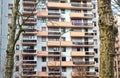 Saint-Etienne, France - January 27th 2020 : Focus on cyan and orange modern buildings known as \