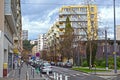 Saint-Etienne, France - January 27th 2020 : Focus on cyan and yellow modern buildings, known as \