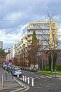 Saint-Etienne, France - January 27th 2020 : Focus on cyan and yellow modern buildings.