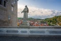 Saint Felix of Cantalice Statue at Cloak Bridge of Cesky Krumlov Castle and city aerial view - Cesky Krumlov, Czech Republic