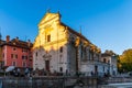 Saint FranÃ§ois de Sales Church in the evening, in Annecy on the banks of the Thioule, in Haute Savoie, France Royalty Free Stock Photo