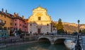 Saint FranÃ§ois de Sales Church in the evening, in Annecy on the banks of the Thioule, in Haute Savoie, France Royalty Free Stock Photo