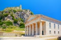 Saint George church temple and light house on stone rock. Corfu island Kerkyra. Greece holidays vacations famous tours Mediterrane