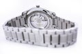 Saint-Imier, Switzerland, 2.02.2020 - Longines automatic silver steel body with bracelet watch close-up, macro isolated