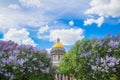 Saint Isaac`s Cathedral in the flowers of lilac and Apple trees Royalty Free Stock Photo