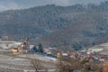 Saint-Jacques-le-Majeur mixed church under the snow near the wine route Royalty Free Stock Photo